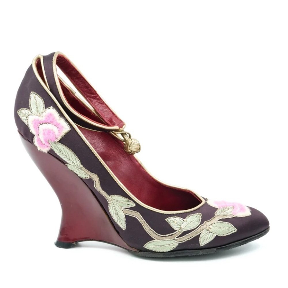 Yves Saint Laurent YSL 2004 Tom Ford era opium floral wedge Heels Ankle Strap 38 - Picture 12 of 12